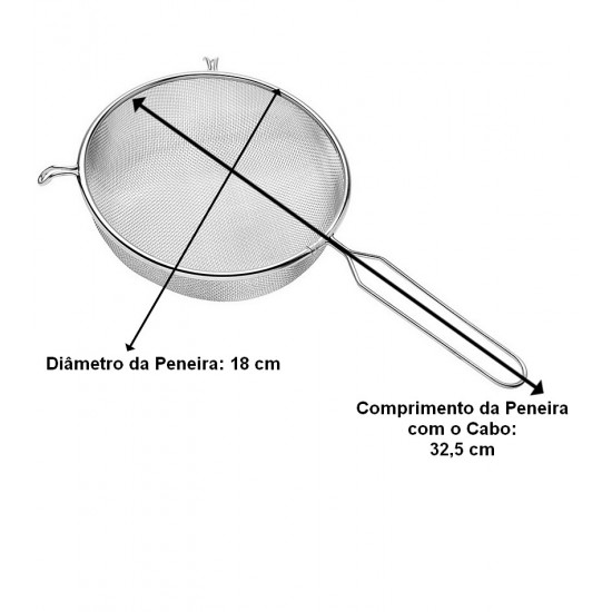 Peneira 18cm Diâmetro Por 32,5cm Comprimento Coar Polvilhar em Aço Inox